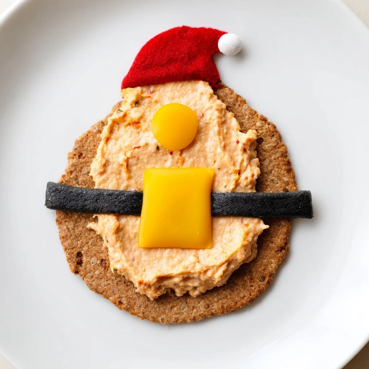 Festive Santa's Belt Crackers featuring melted cheddar and a vibrant roasted red pepper dip, visually appealing.