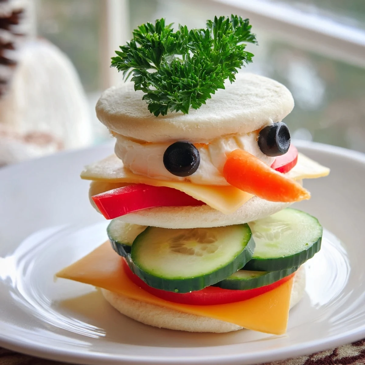 Festive Snowman Sandwich Stack, playfully decorated with olives, carrot noses, and red pepper scarves.
