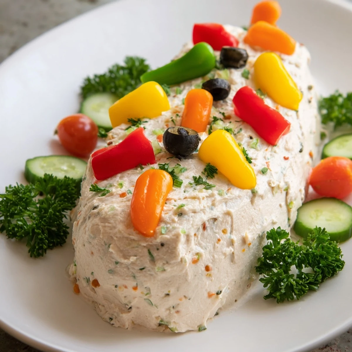 This vibrant Christmas Lights Appetizer Spread features a delicious cheese base, adorned with vibrant veggie "lights."