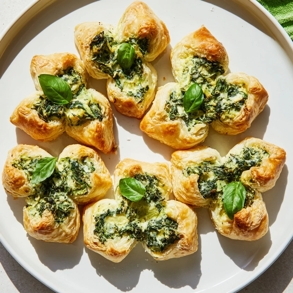 Close-up of savory Lucky Clover St. Patrick's Day Bites, displaying a golden, puffed pastry crust.