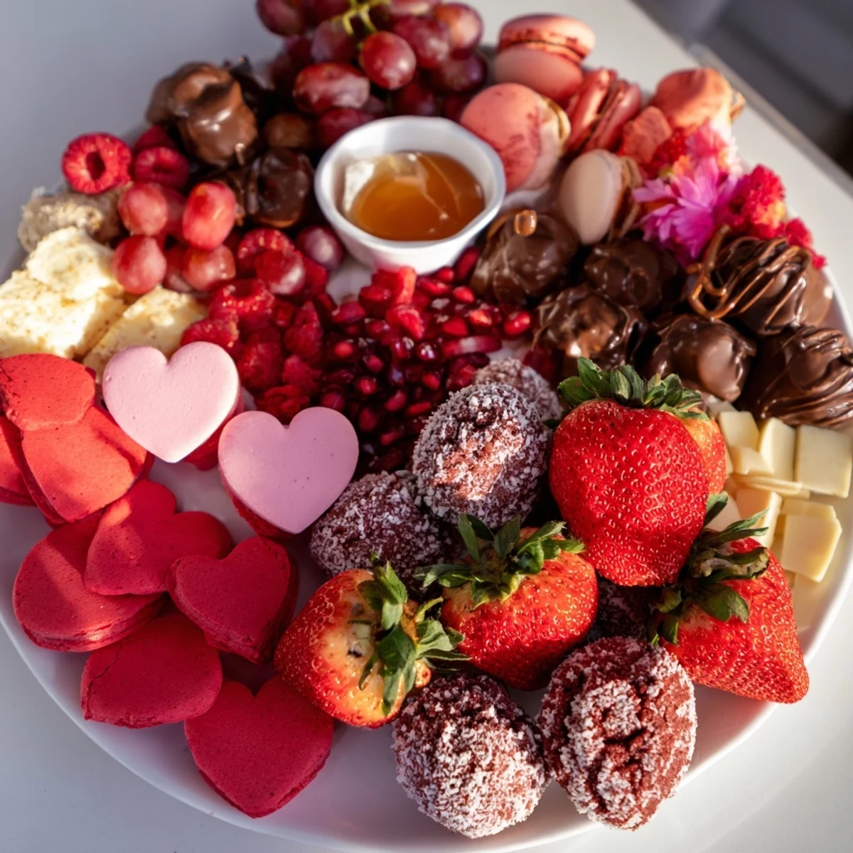 A vibrant Sweetheart Valentines Day Board showcases chocolate-covered strawberries, macarons, and brie, ready to serve.