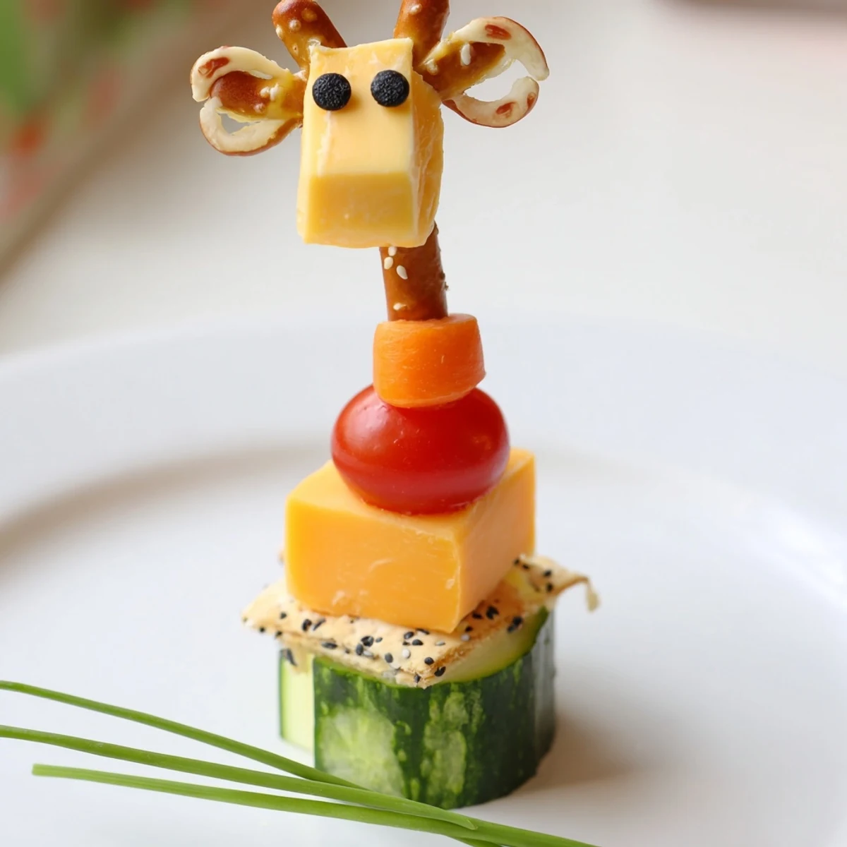 Vibrant Long-Necked Giraffe Snack Tower features colorful cheese and vegetable layers, a kid-friendly treat.