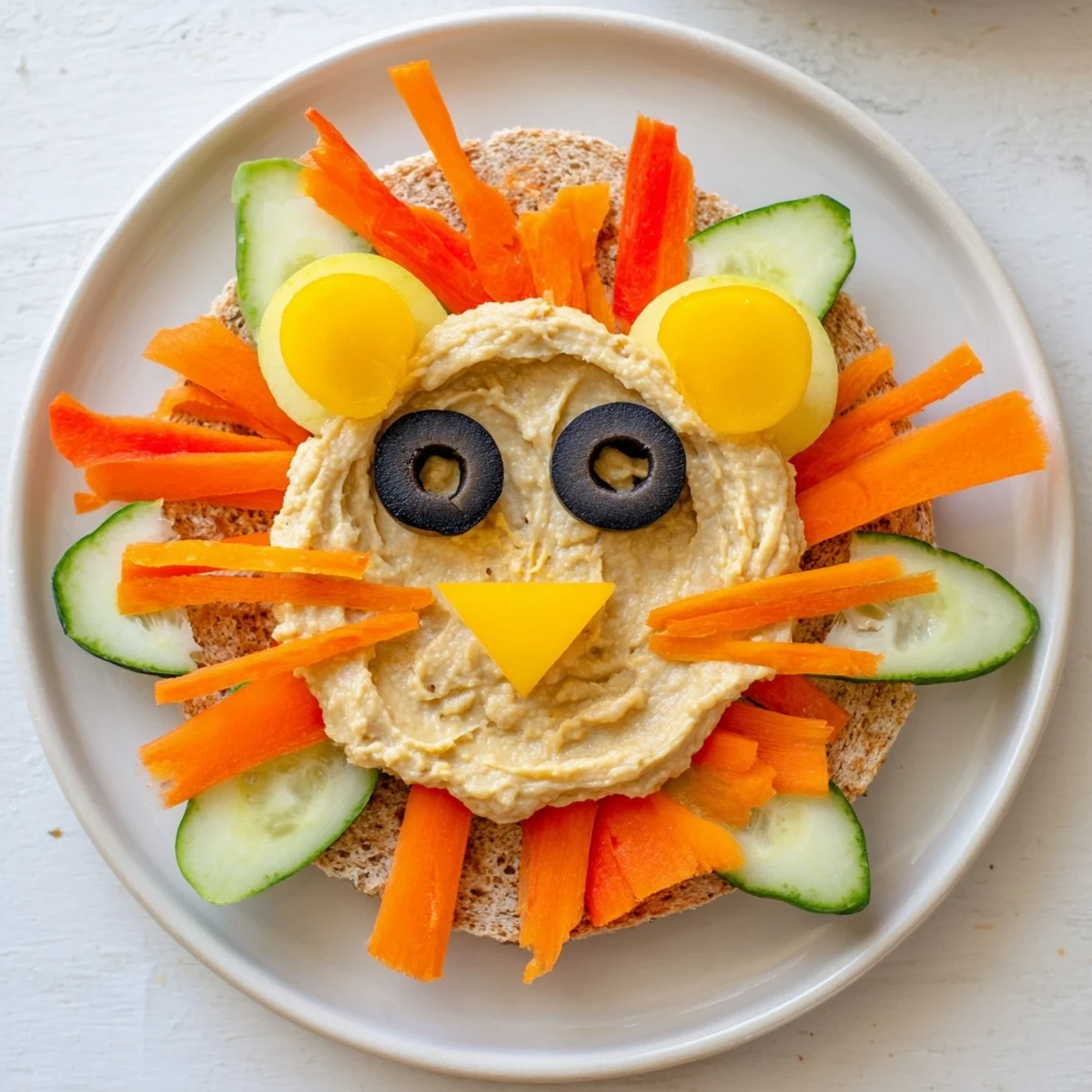 This King of the Jungle Lion Lunch Board features a smiling lion made of fresh, healthy ingredients perfect for kids.