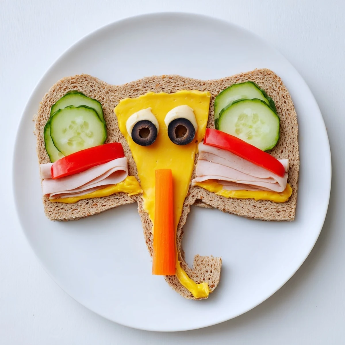 Close-up shot: these charming Big Top Elephant Sandwiches showcase turkey, cheese, and festive carrot trunks.