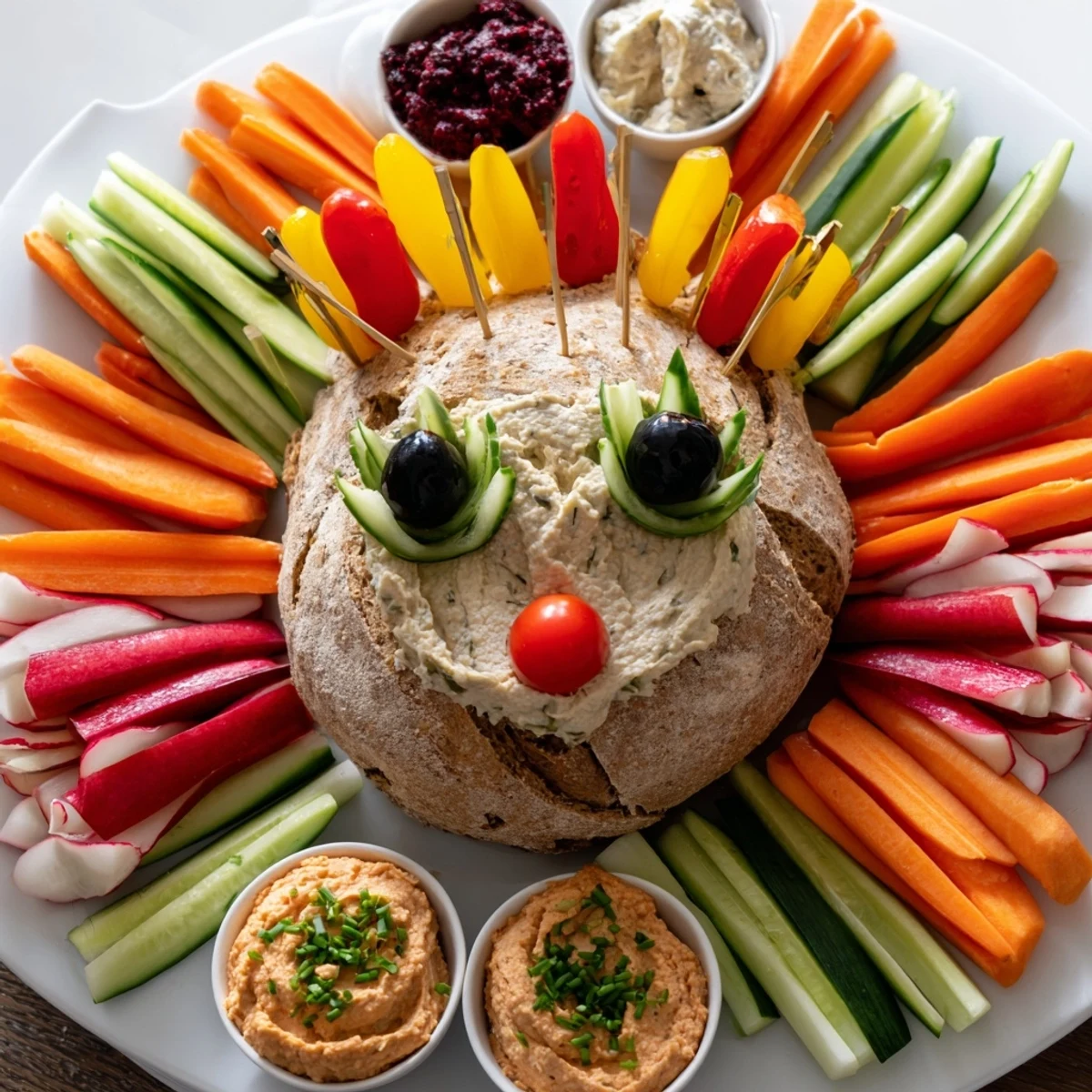 Vibrant Autumn Hedgehog Dip Platter featuring fresh vegetable spines and creamy dips, ready to serve.