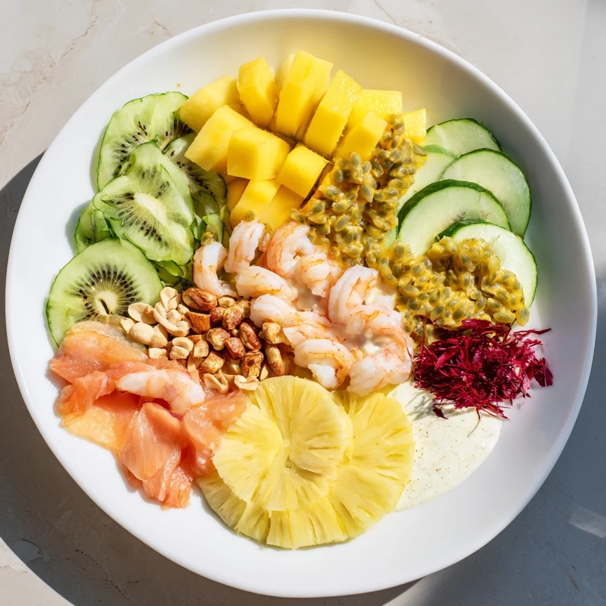 A visually appealing Tropical Wave Tasting Platter showcases ripe mango and pineapple alongside savory shrimp and salmon.