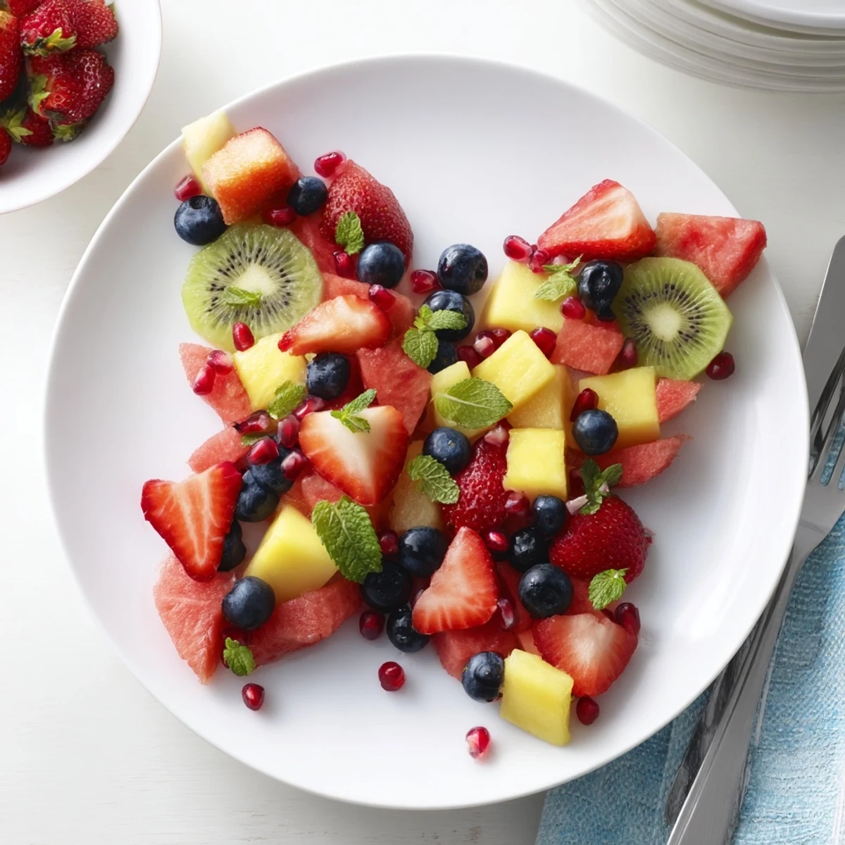 Vibrant Papillon de Fruits d'Été Vifs butterfly fruit salad, bursting with fresh berries and tropical flavors.