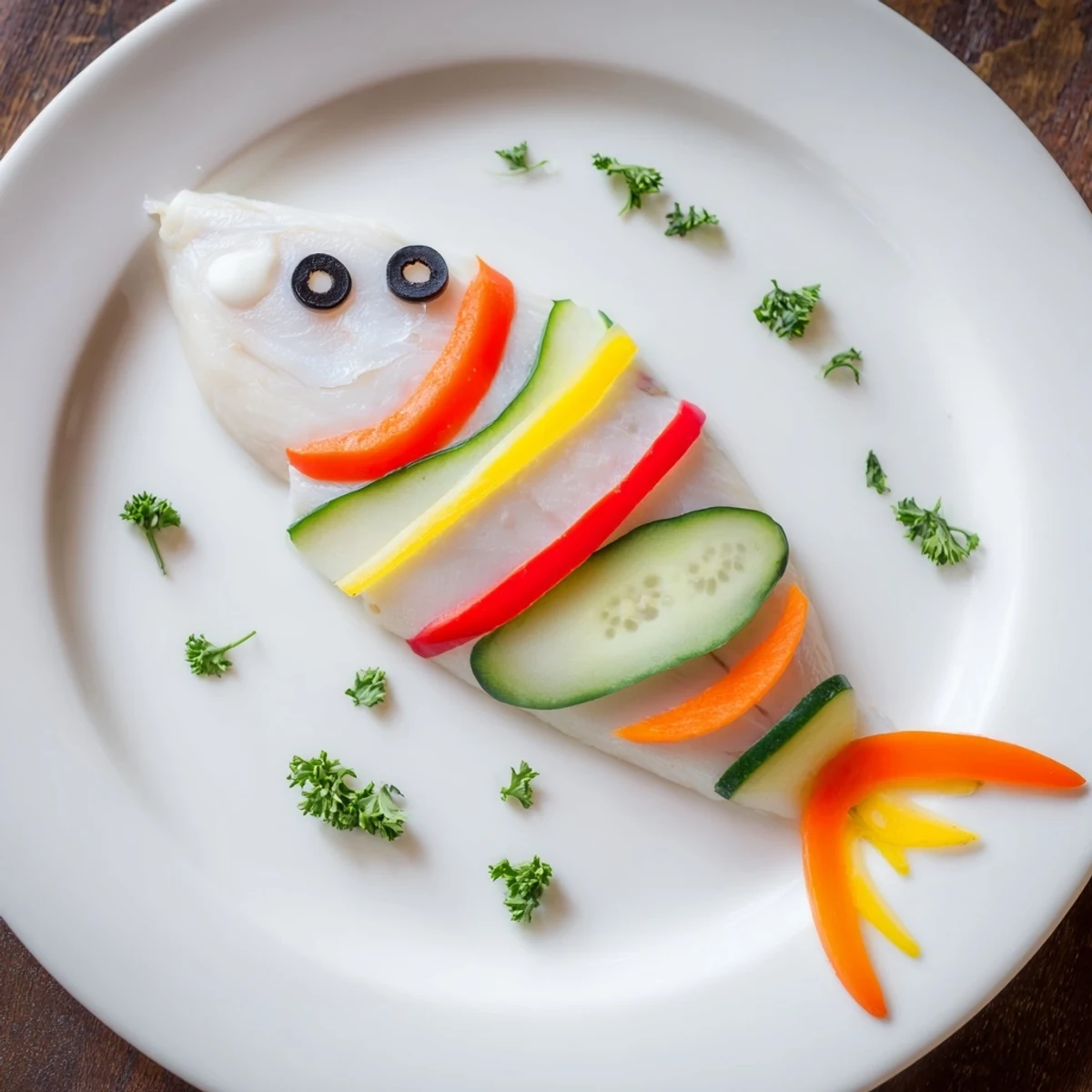 Enjoy this appealing Light Fish-Shaped Meal: a baked fish, decorated with olives and vibrant veggie accents.