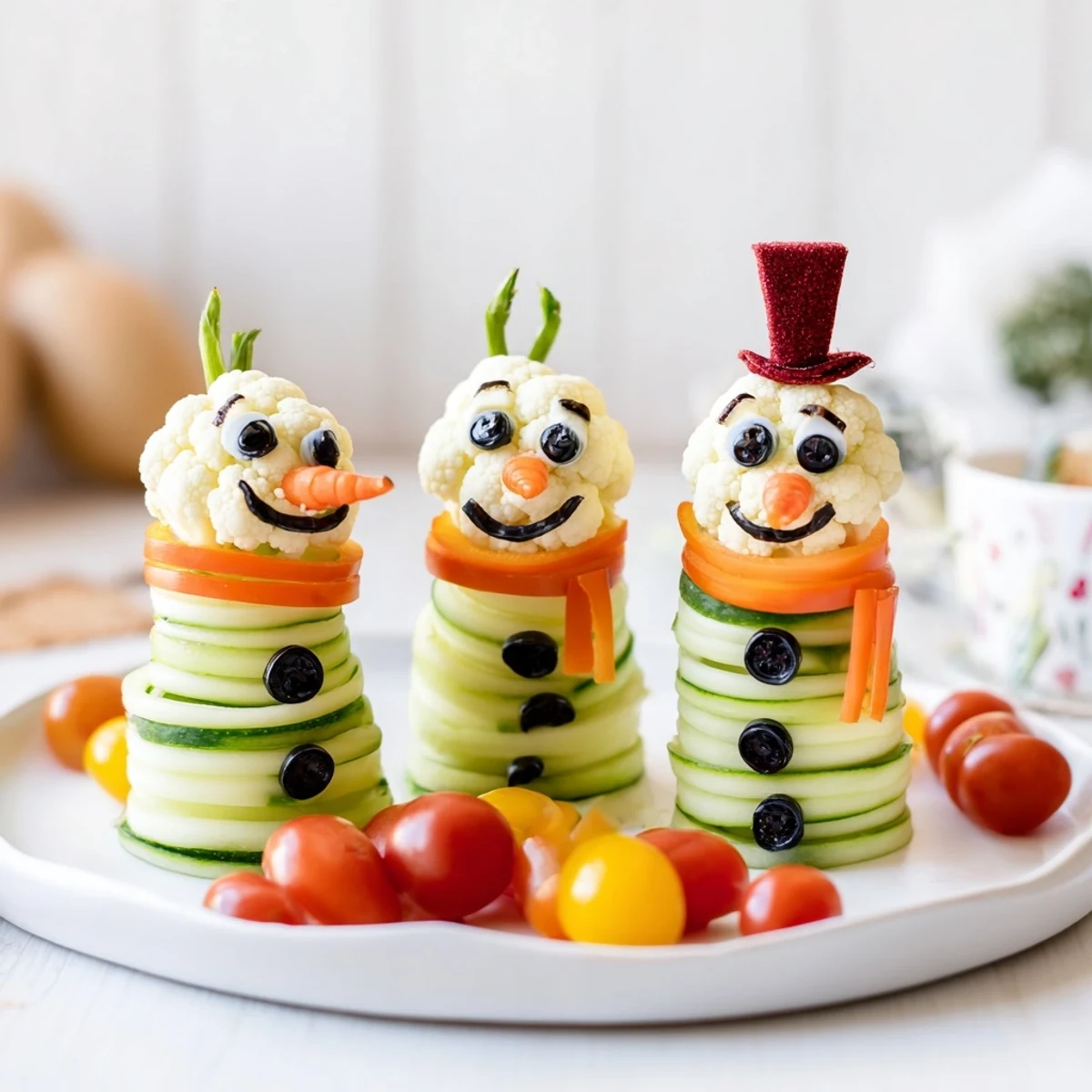Snowman Crudités with Dip: A festive veggie snowman with a colorful hat and cheerful dip.