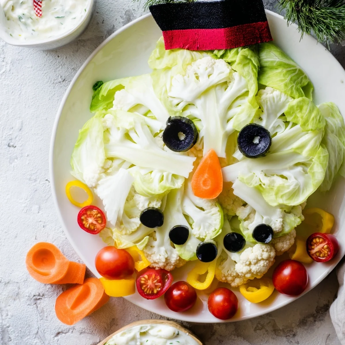 Platter of Snowman Crudités, a healthy and fun appetizer starring carrot arms and a flavorful herb dip.