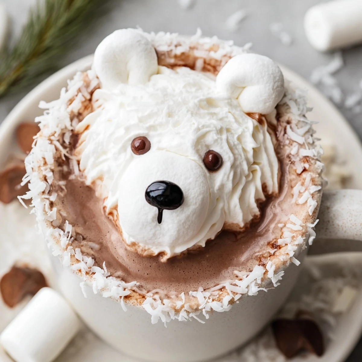 Steaming Polar Bear Hot Chocolate Platter, adorned with creamy whipped topping and adorable marshmallow bears.