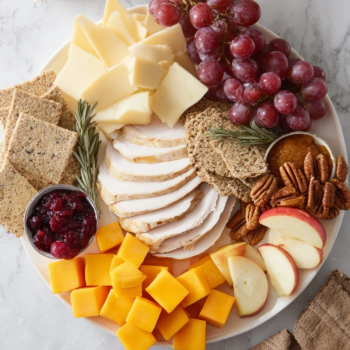 A beautiful Turkey, Cheese, and Cracker Board with colorful fruits, perfect for easy fall entertaining.