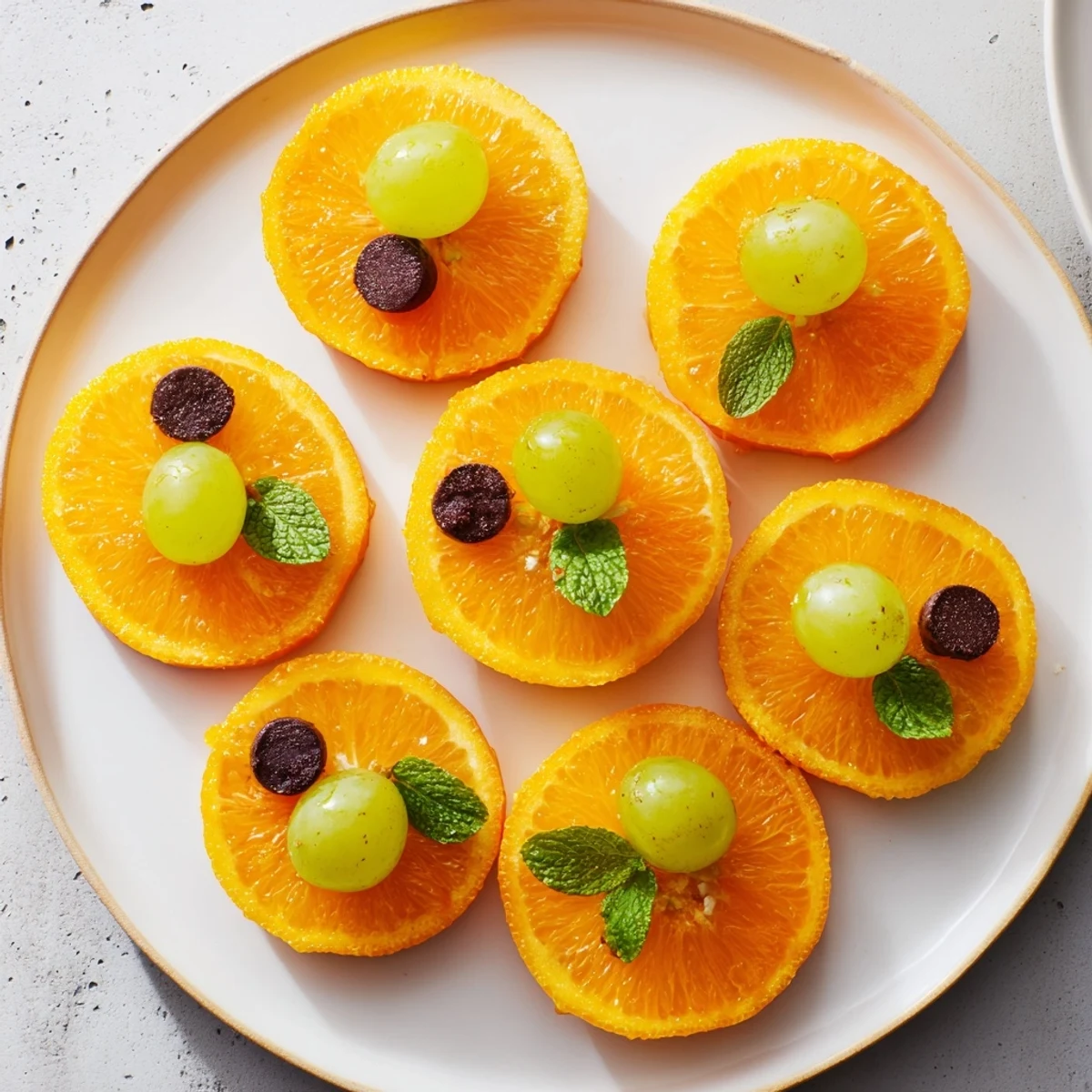 Freshly prepared pumpkin patch orange slices, decorated with grapes and mint for a festive treat.