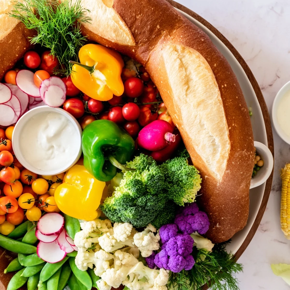 Arranging a delicious cornucopia veggie board, featuring bell peppers and fresh dips for a festive meal.