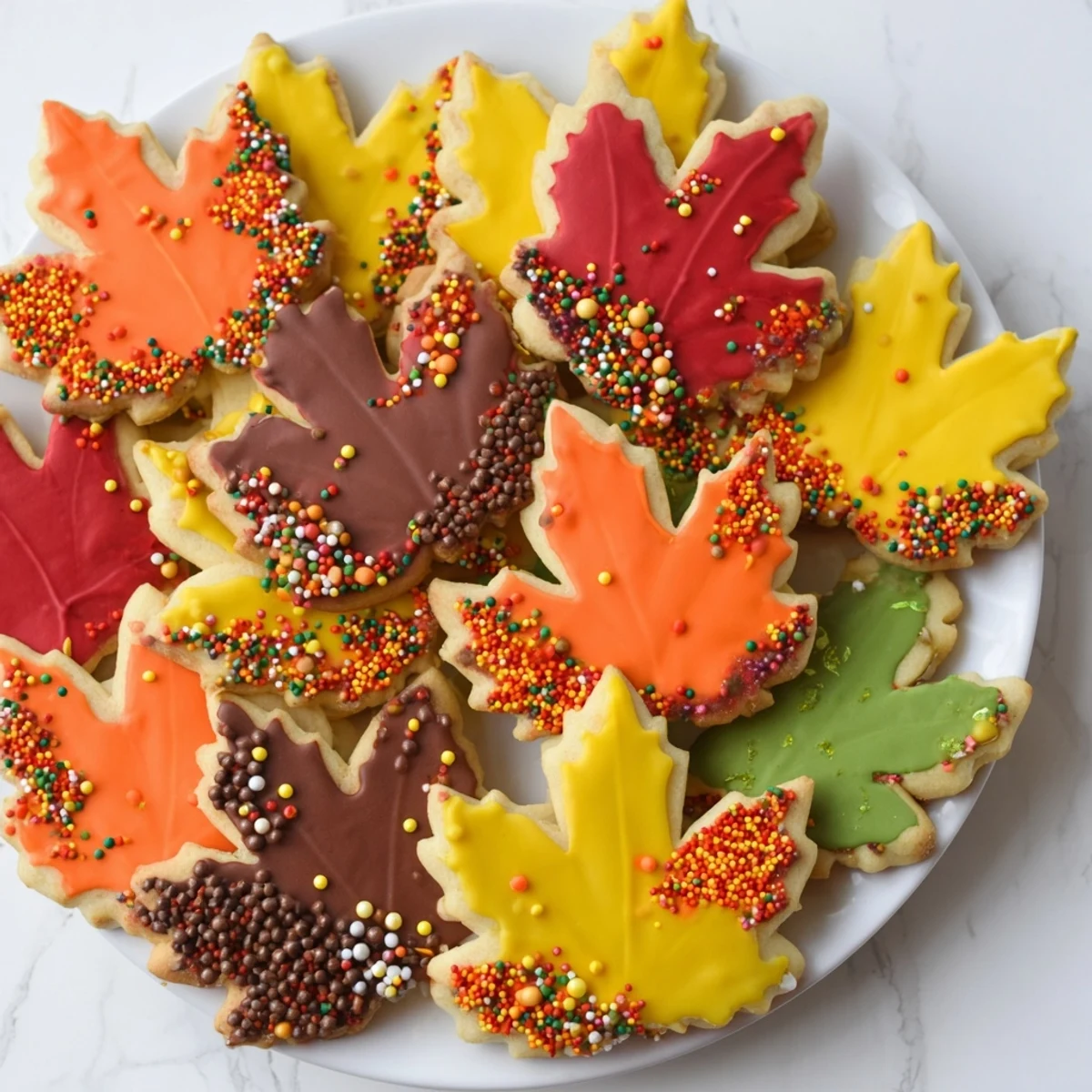 Festive image of maple leaf cookies, iced with fall colors, sprinkled, and ready for dessert.
