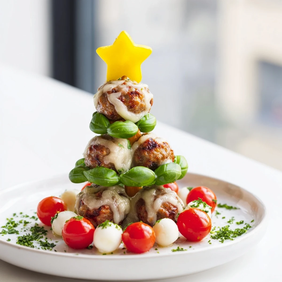 Warm, golden mini meatball Christmas trees ready to enjoy as a flavorful party appetizer.