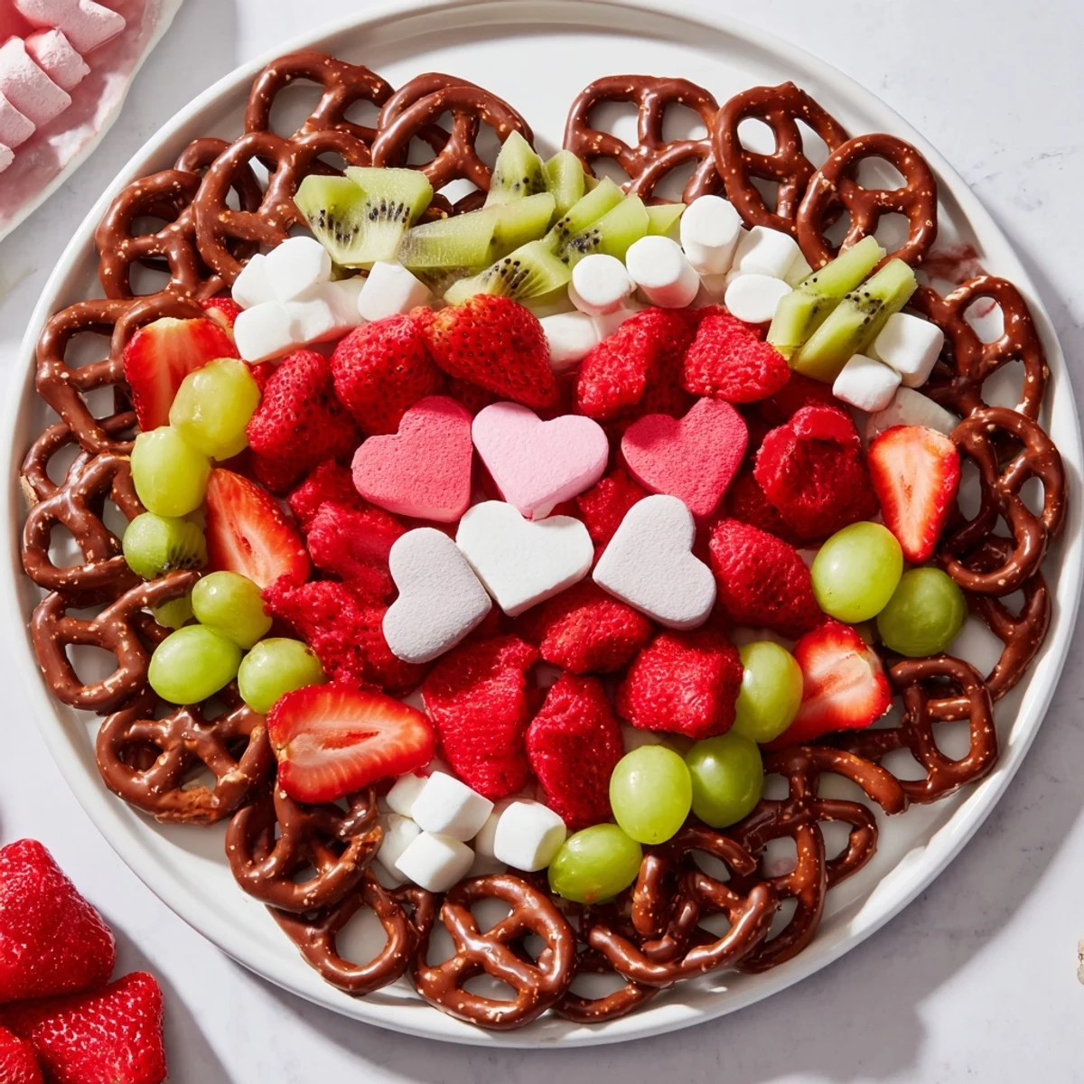 The Grinch's Heart Pretzel Board: A colorful, festive snack board with pretzels, fruits and candies.