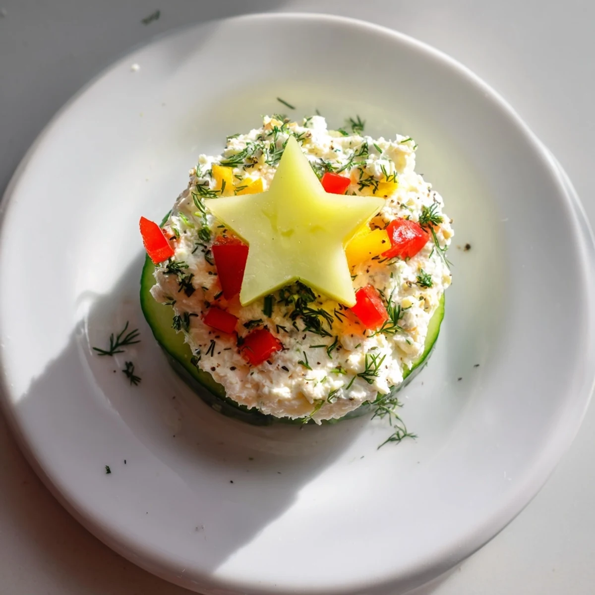 Refreshing Holiday Star Cucumber Bites, perfect for a party, featuring colorful pepper and dill toppings.
