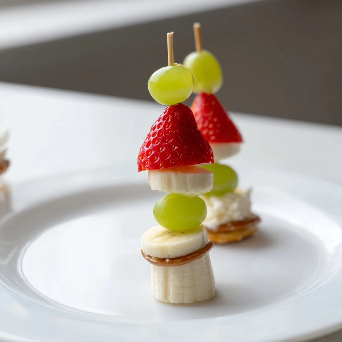 Fresh, vibrant Elf Hat Strawberry Skewers showcasing juicy strawberries, bananas, and grapes.