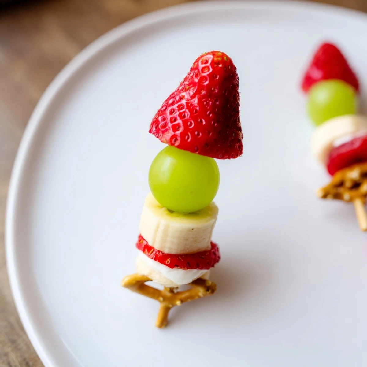 These festive Elf Hat Strawberry Skewers feature bright red strawberries, perfect for a party.