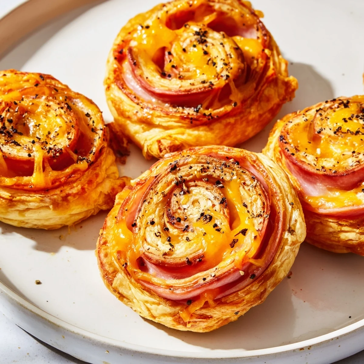 Golden, flaky Savory Ham and Cheese Pinwheel Rolls fresh from the oven, ready to eat.