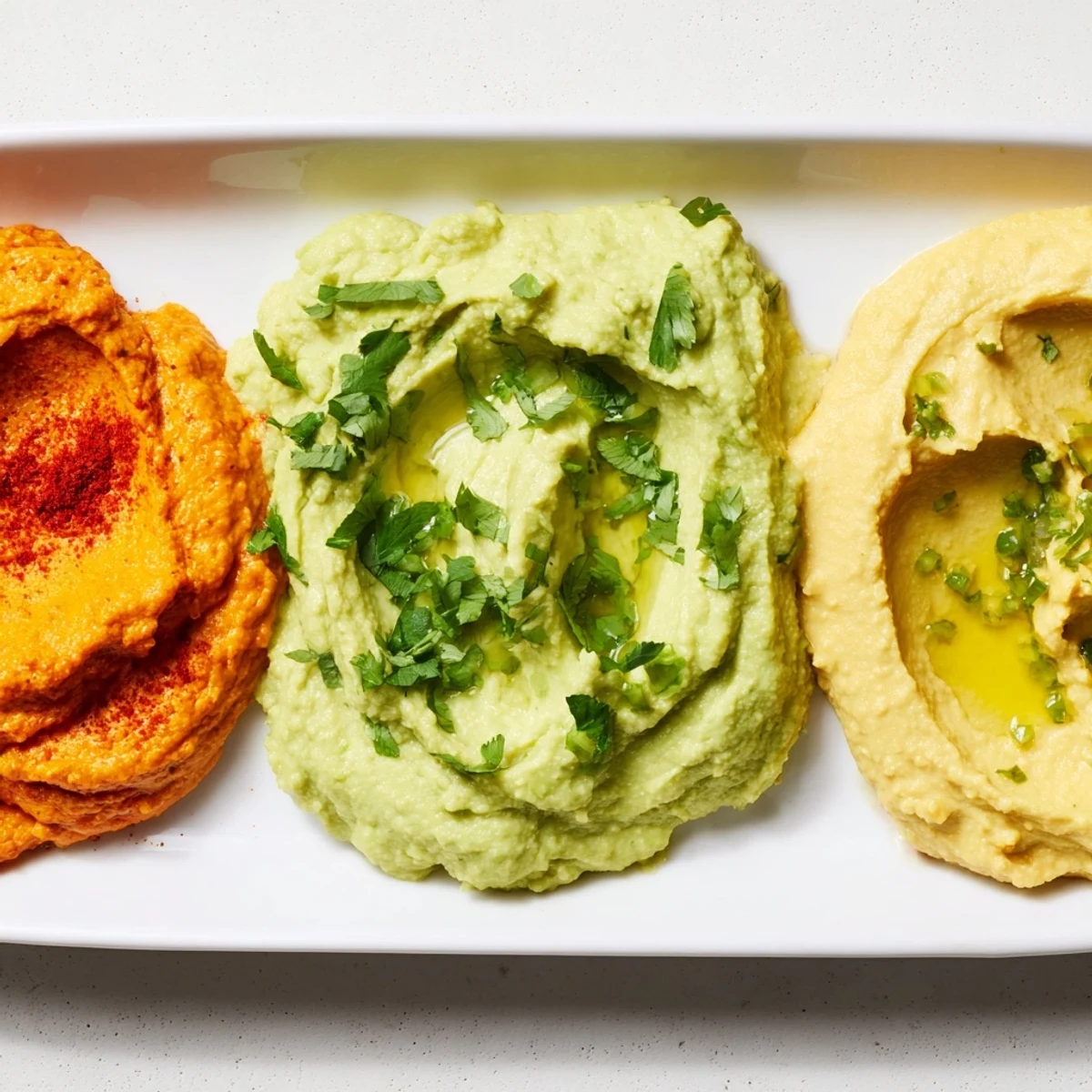 Three flavorful dips, forming a Dip Trio with bright colors, ready to be served with crackers or vegetables.