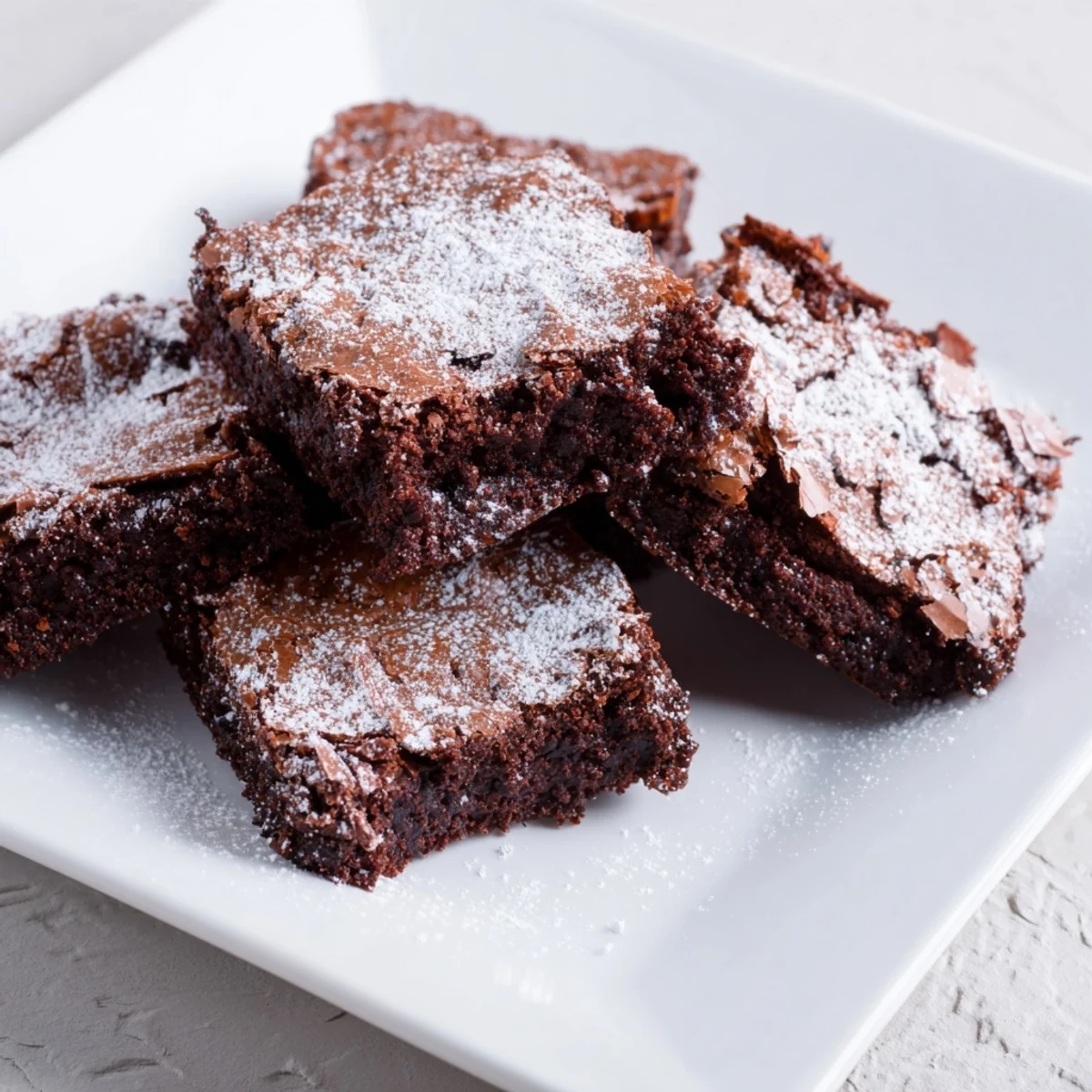 Fudgy brownie squares, dusted with powdered sugar, ready for serving on a dessert plate.