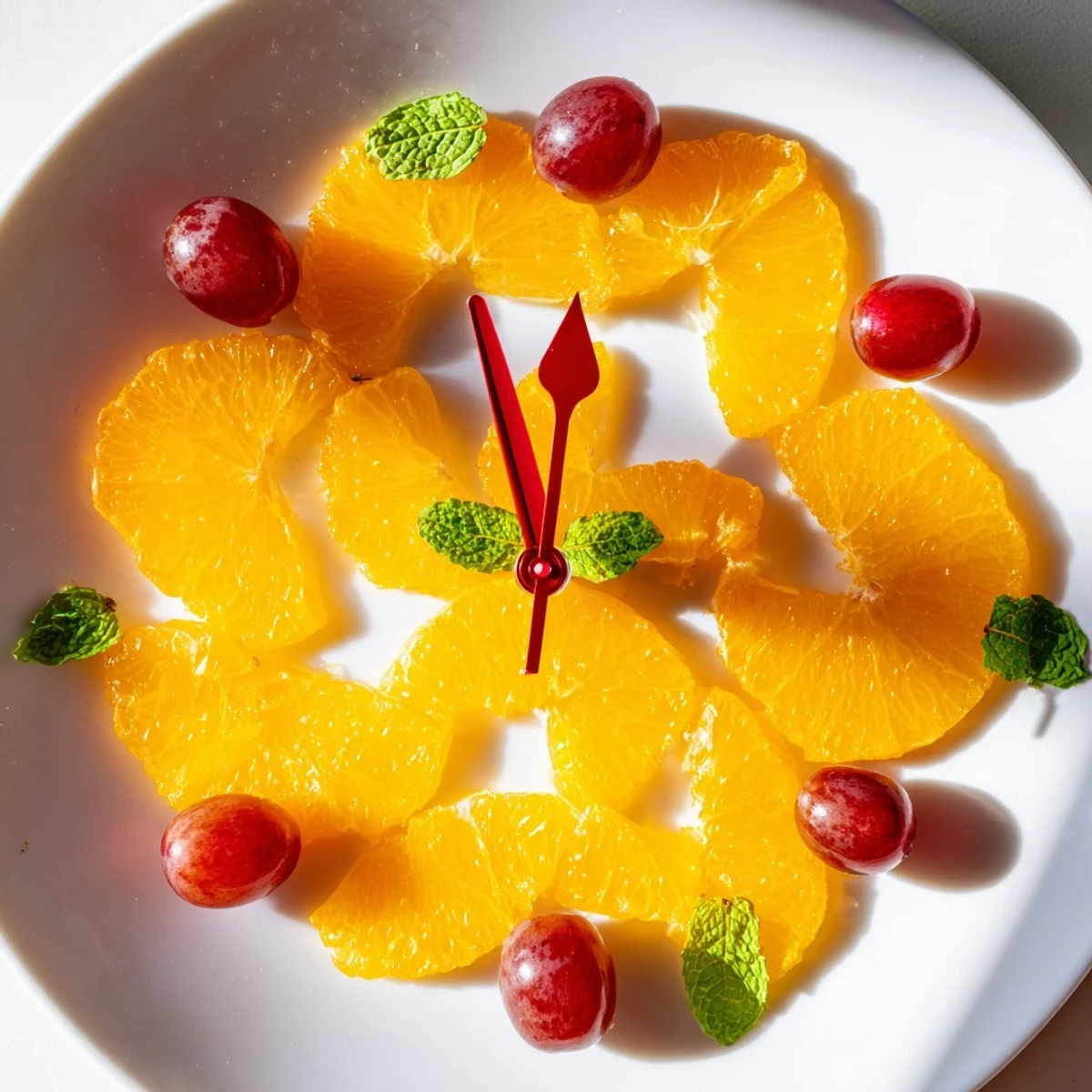 A colorful Grape and Orange Slice Clock Face, a cheerful fruit platter, perfect for a healthy brunch.