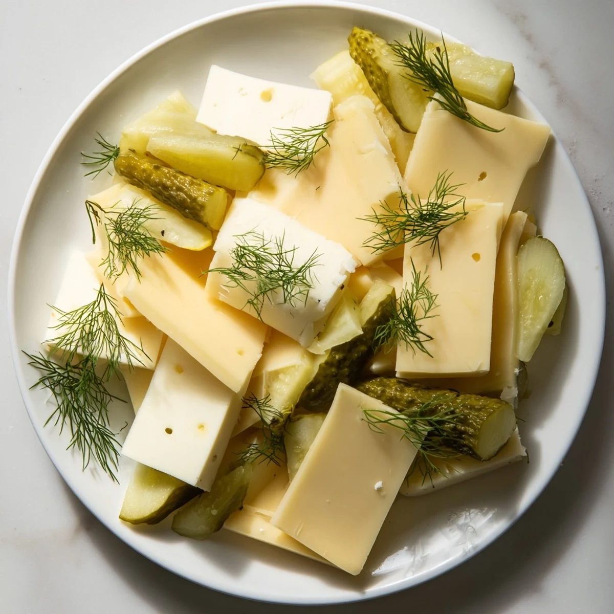 Dill pickles and cheese slices: A refreshing appetizer, showcasing tangy pickles and creamy cheese on a platter.