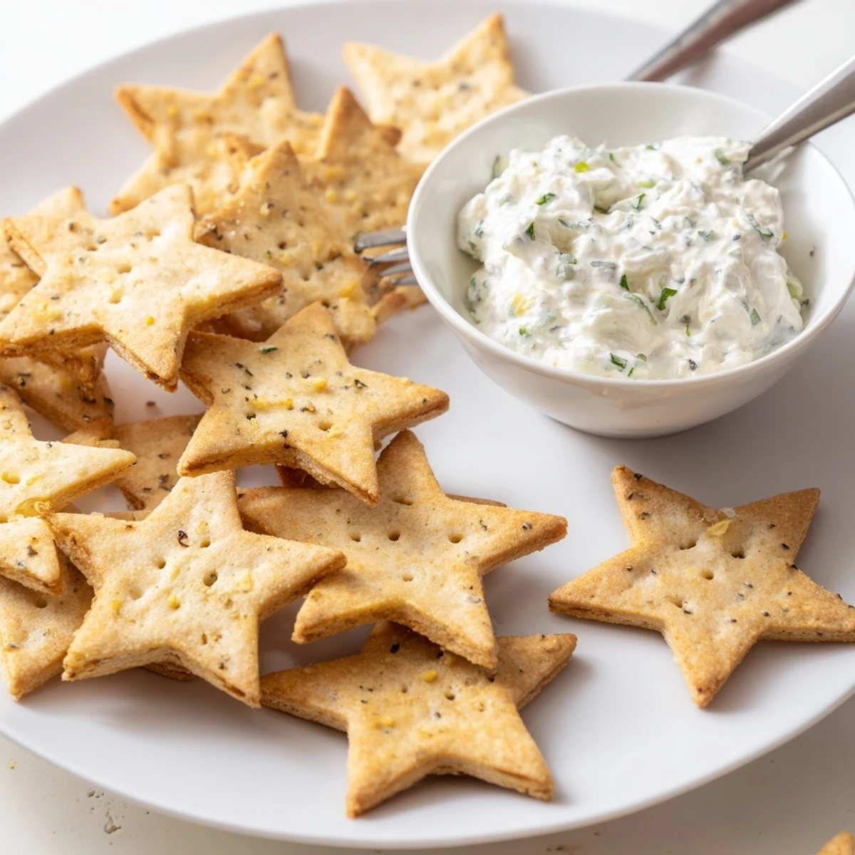 Vibrant holiday appetizer: Star-shaped Holiday Crackers arranged around a savory cream cheese dip.