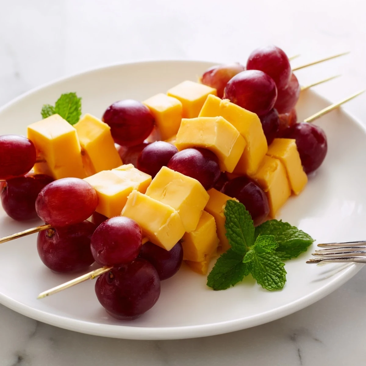 Cheese & Grape Skewers: colorful, fresh appetizer with creamy cheese cubes and juicy grapes ready to eat.