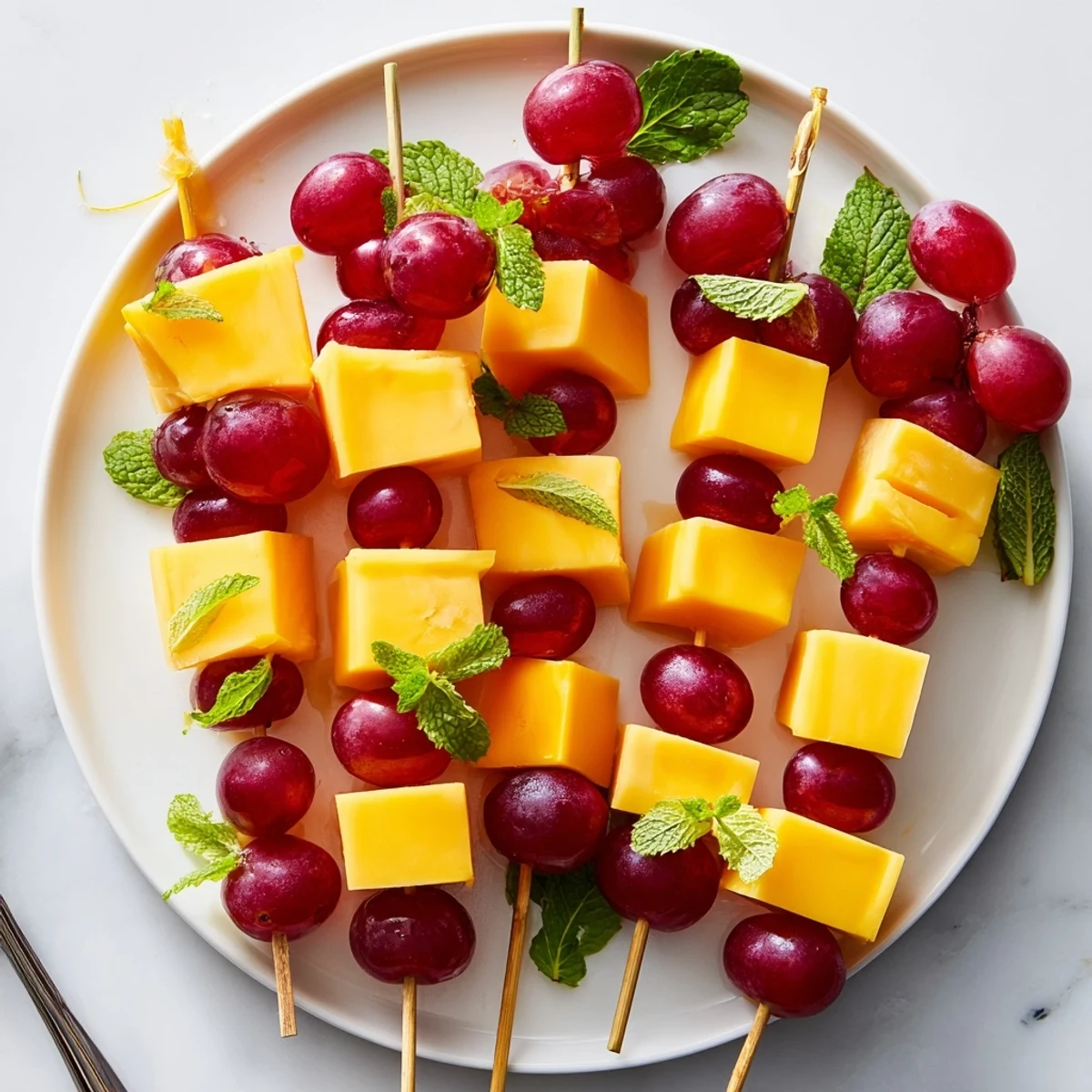 Easy Cheese & Grape Skewers, a delightful snack combining cheddar, gouda, and sweet red grapes.