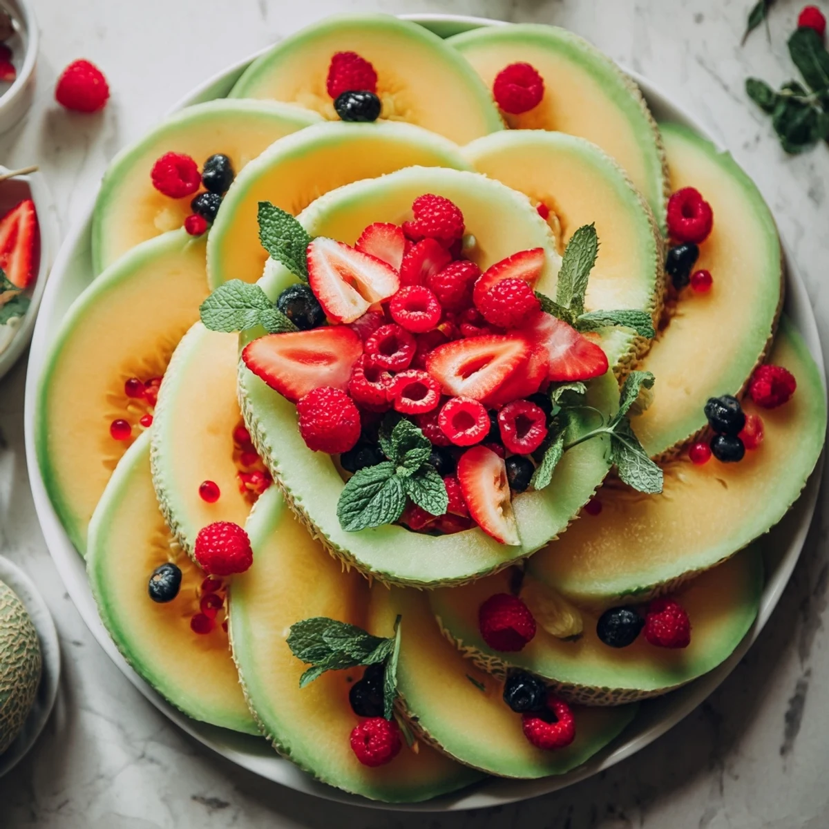 Beautifully layered fruit platter with cantaloupe, berries, and mint, a delightful summer appetizer.