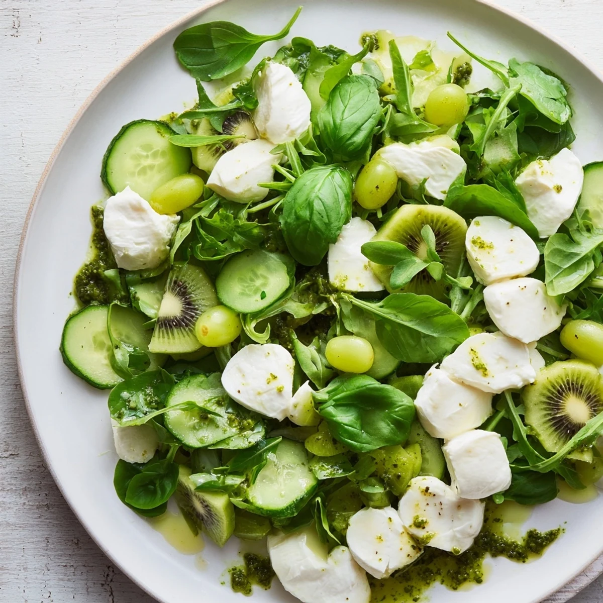 Vibrant Emerald Isle Greenscape salad featuring layers of green veggies and a bright pesto dressing.