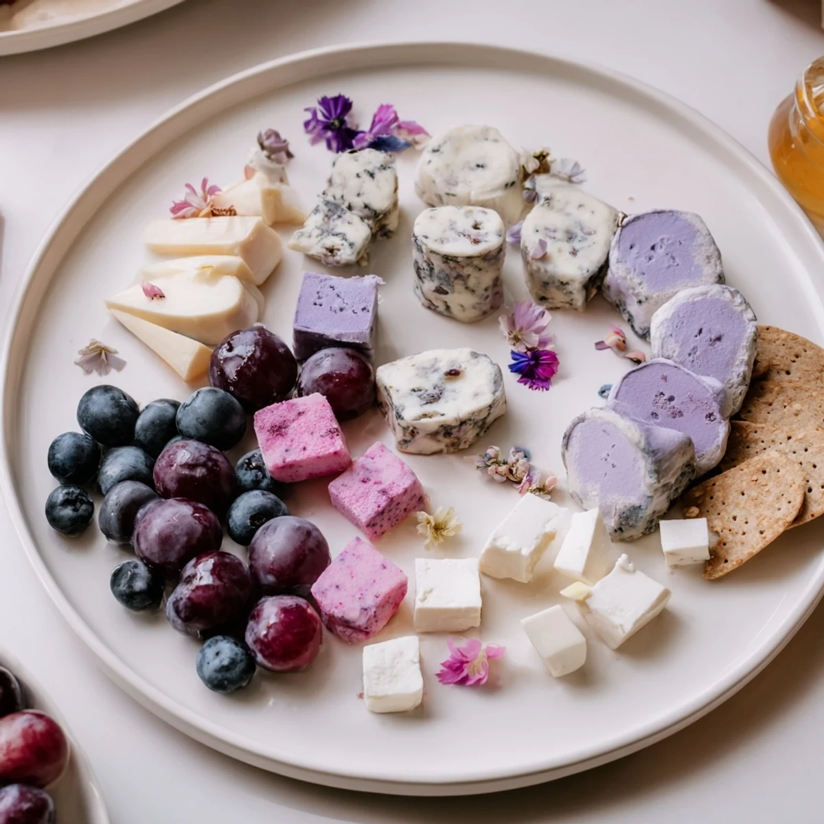 Lavender Haze Dreamscape cheese board, a pastel delight with creamy cheeses, fruits, and edible flowers.