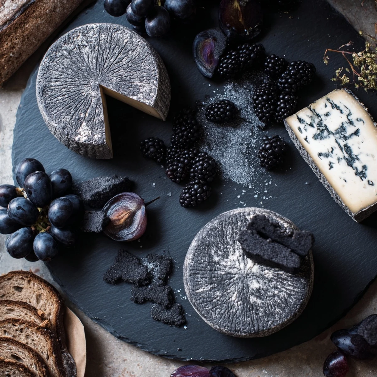 Elegant Monochrome Gray Stone Cheese Board, showcasing ash-rinded cheeses, crackers, and fruits, ready to serve.