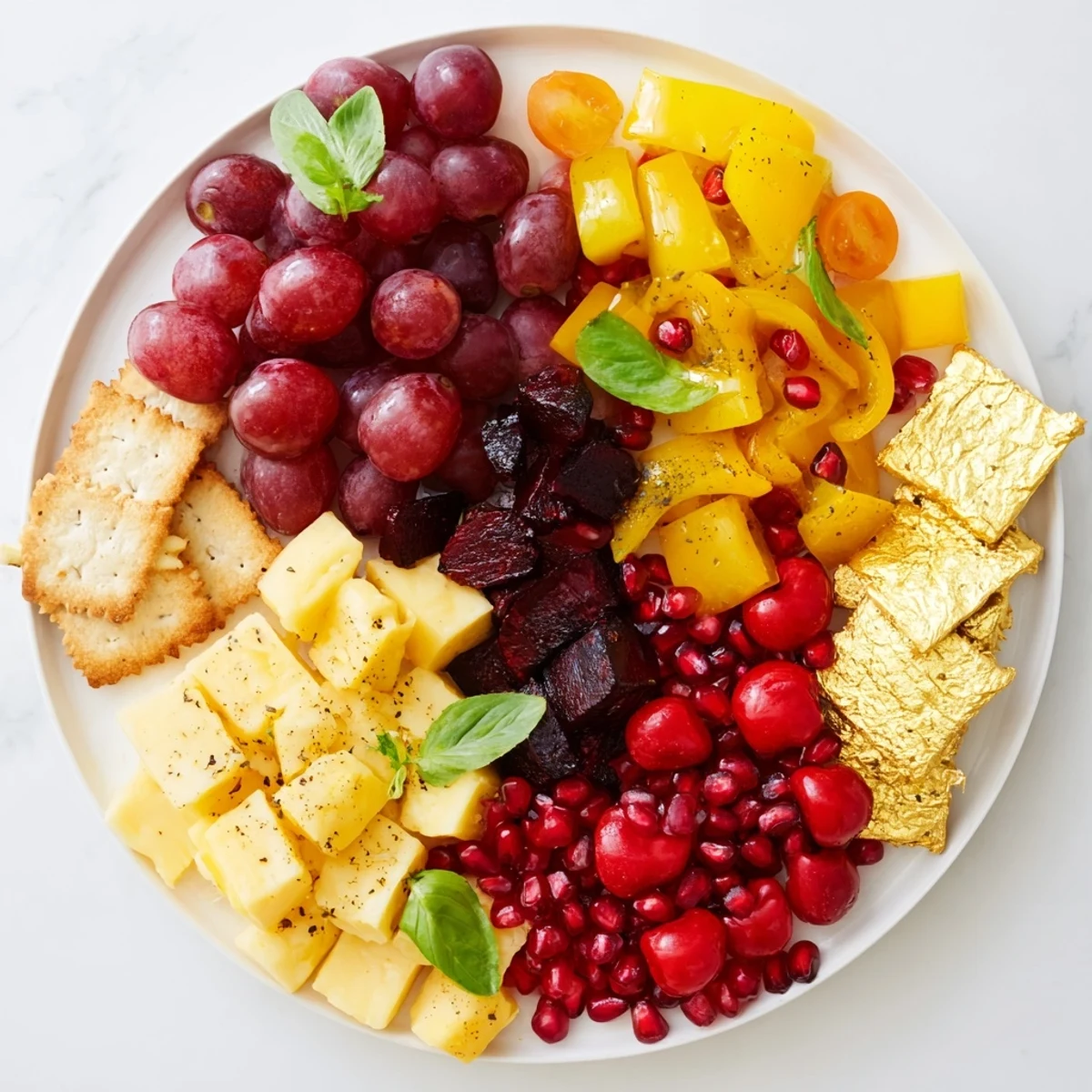 Crimson & Gold Gala appetizer platter: vivid reds and golds create stunning visual contrasts.