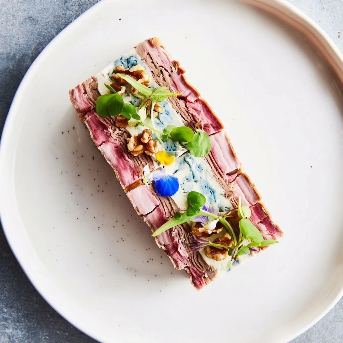Vibrant slices of The Grand Canyon Rim meat terrine display the rich layered textures of the dish.