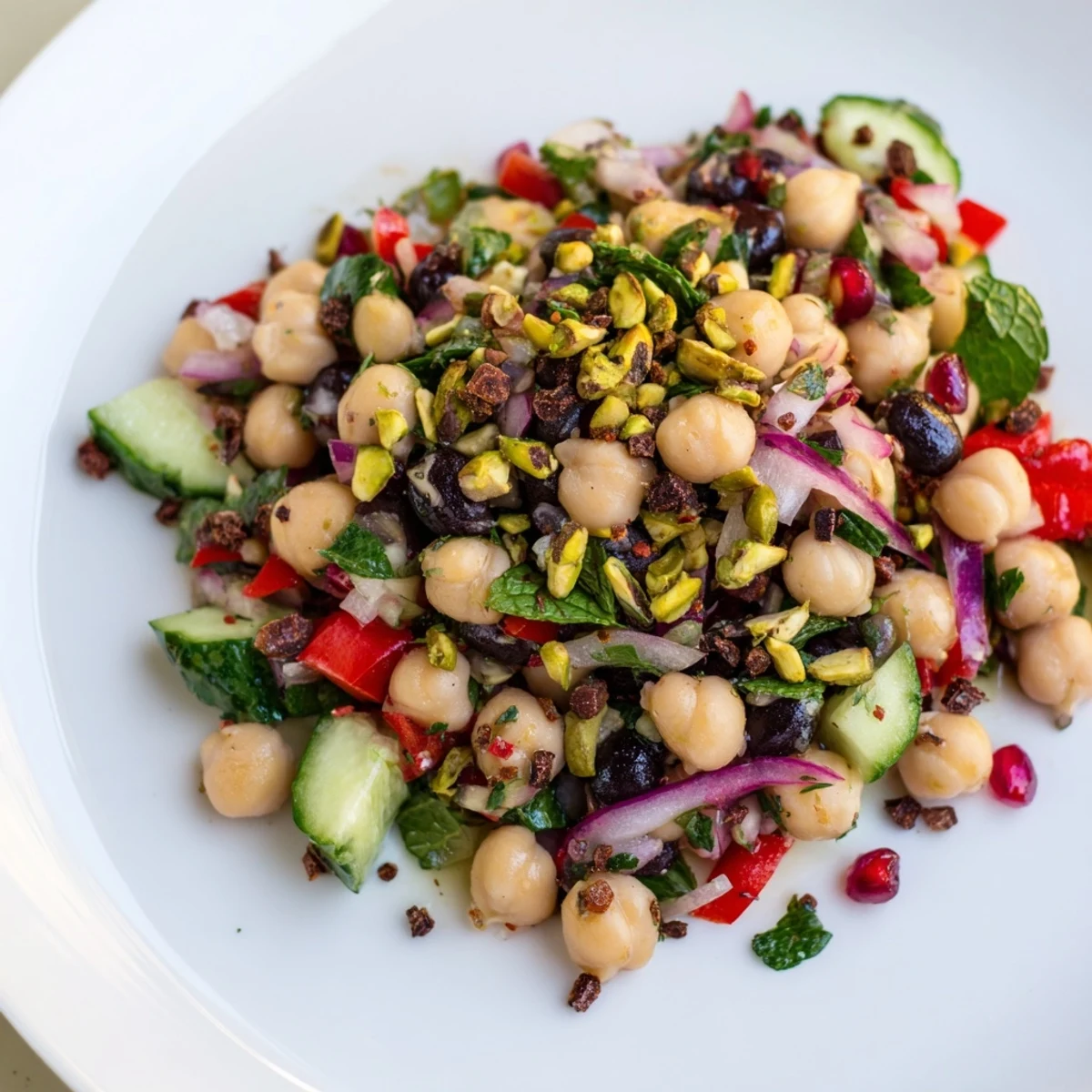 Close-up of the textured Dense Bean Salad with Dubai Chocolate Notes, promising complex, delicious flavors.