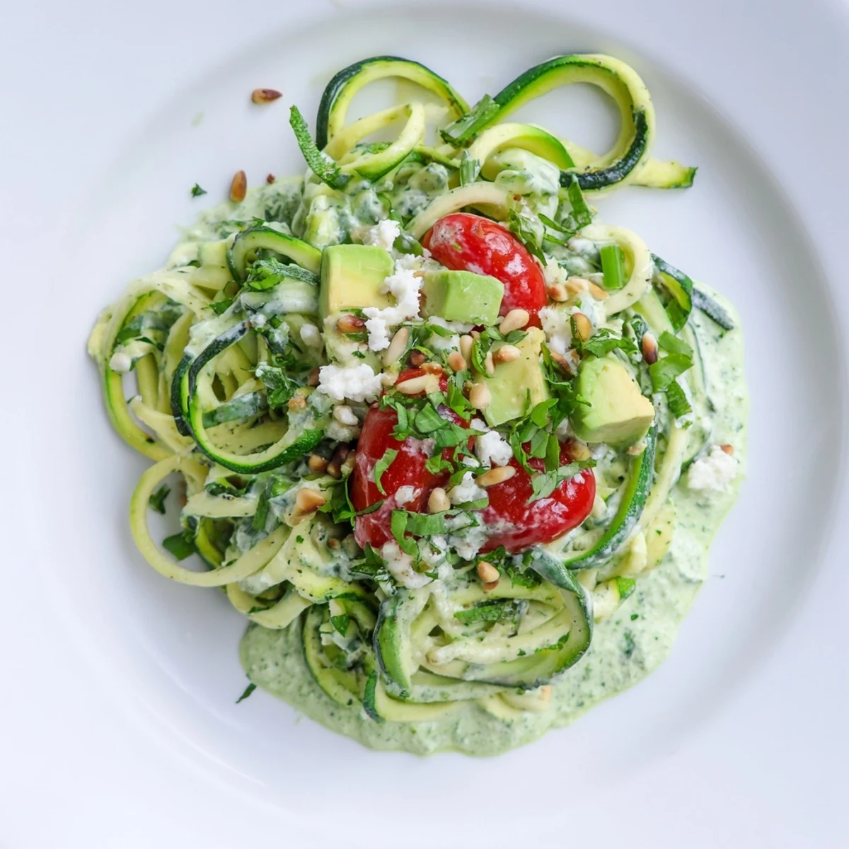Enjoy a healthy serving of Green Goddess Zoodle Pasta, featuring bright zucchini noodles and a delicious sauce.