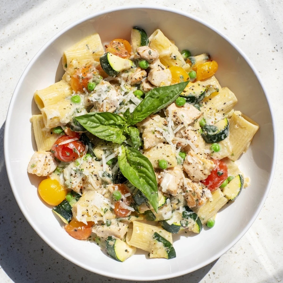 Imagine The Last Bite Chicken Pasta, a hearty dish bursting with colorful vegetables ready to plate.