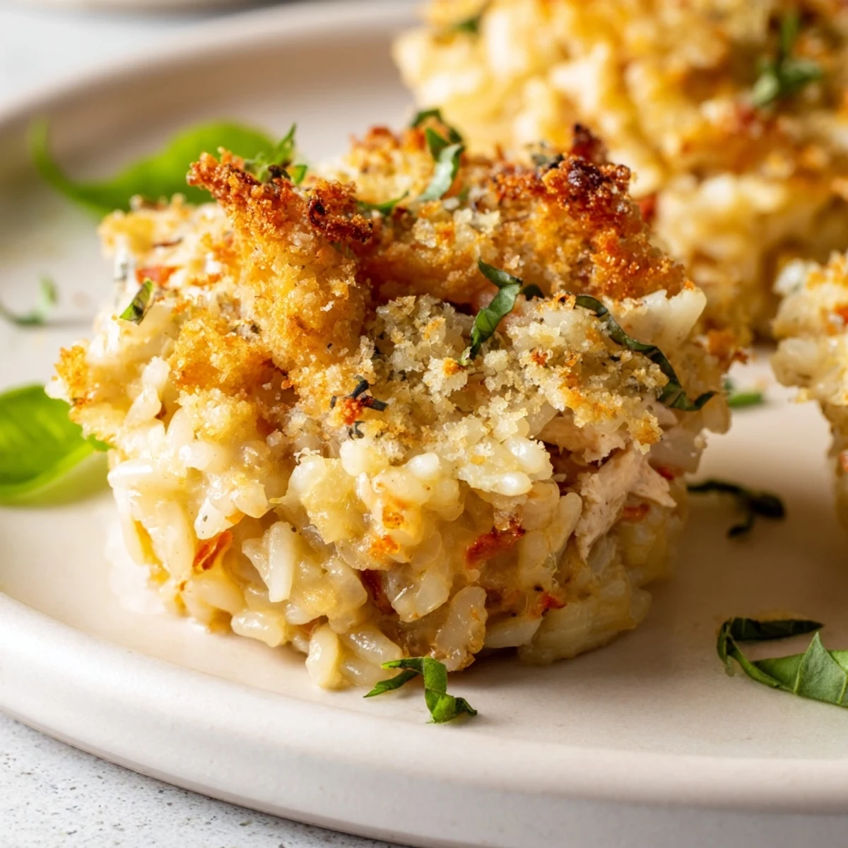 Golden-brown Marry Me Chicken Sushi Bake Cups, ready to enjoy with a fresh basil garnish.
