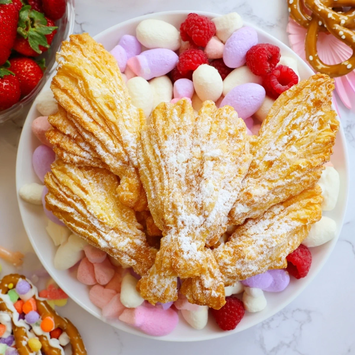 Dusty powdered sugar coats these crispy Polish angel wings, surrounded by vibrant candies and fresh fruit.