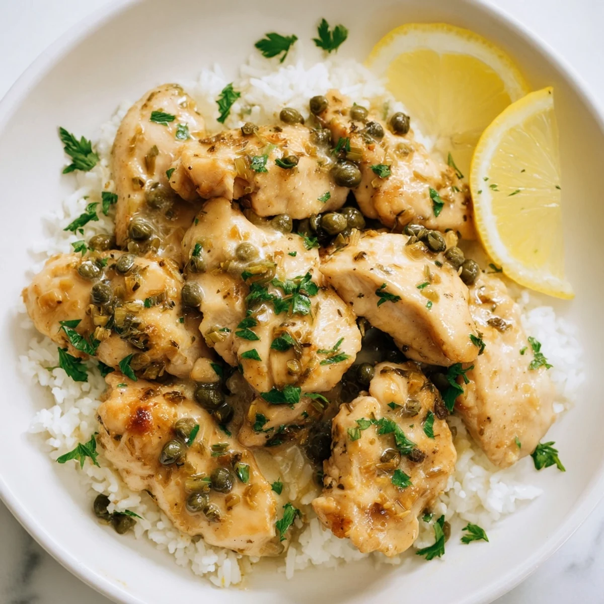 Golden chicken piccata rice bowl, served over fluffy rice, drizzled with zesty piccata sauce and herbs.
