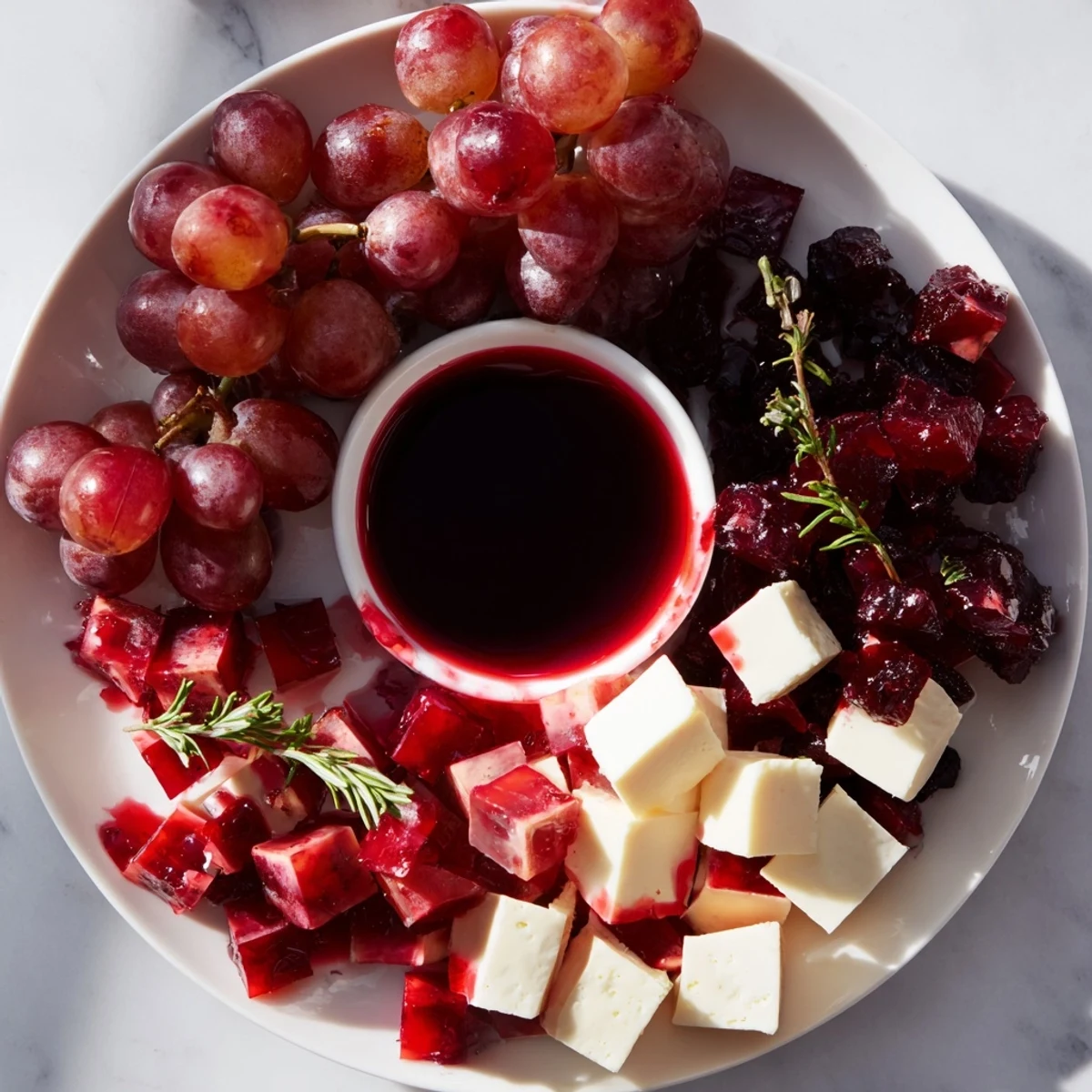 A beautifully arranged Ruby Red Wine Stain Board with red wine-soaked cheeses, meats, and olives.