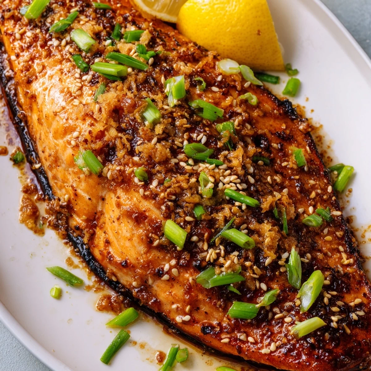 Flaky ginger soy glazed salmon, served with sesame seeds and green onions, looks delicious.