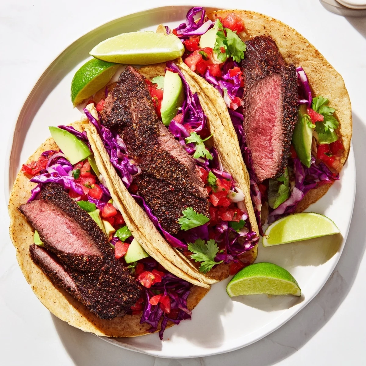 Smoky coffee-rubbed steak tacos, grilled to tender perfection, overflowing with colorful garnishes.