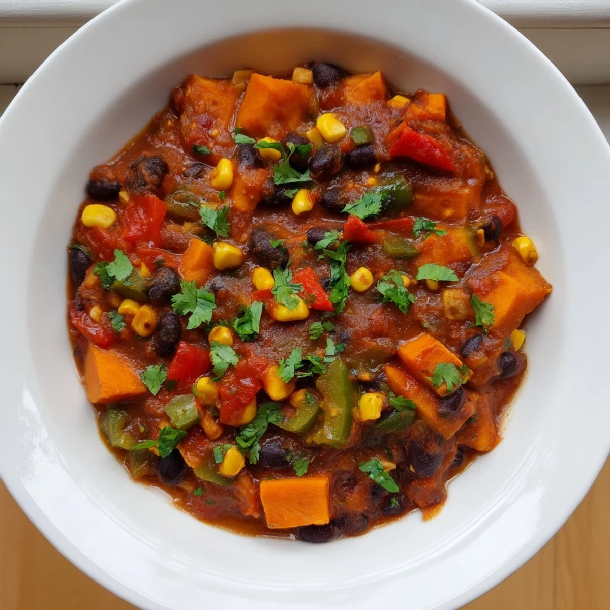 Enjoy a comforting bowl of spicy and flavorful Smoky Sweet Potato Chili on a chilly evening.