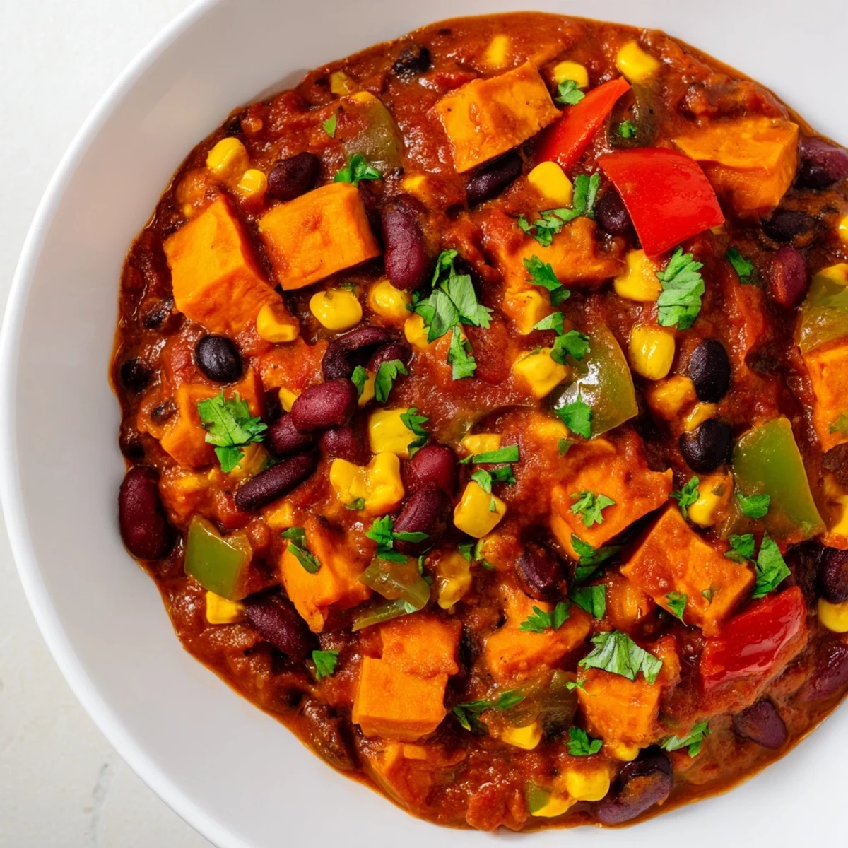 Thick and hearty Smoky Sweet Potato Chili, garnished with fresh cilantro, ready to be enjoyed.