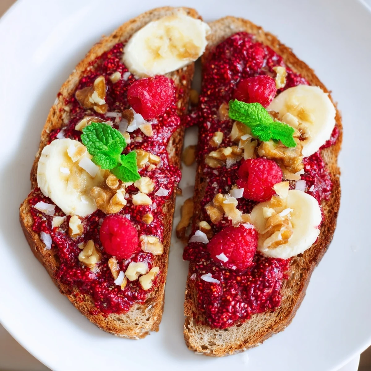 Bright red raspberry chia jam swirled on golden toast, a flavorful breakfast treat.